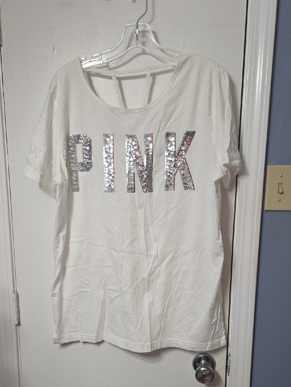 PINK Victoria's Secret White Short Sleeve Tee with Silver Sequin Logo